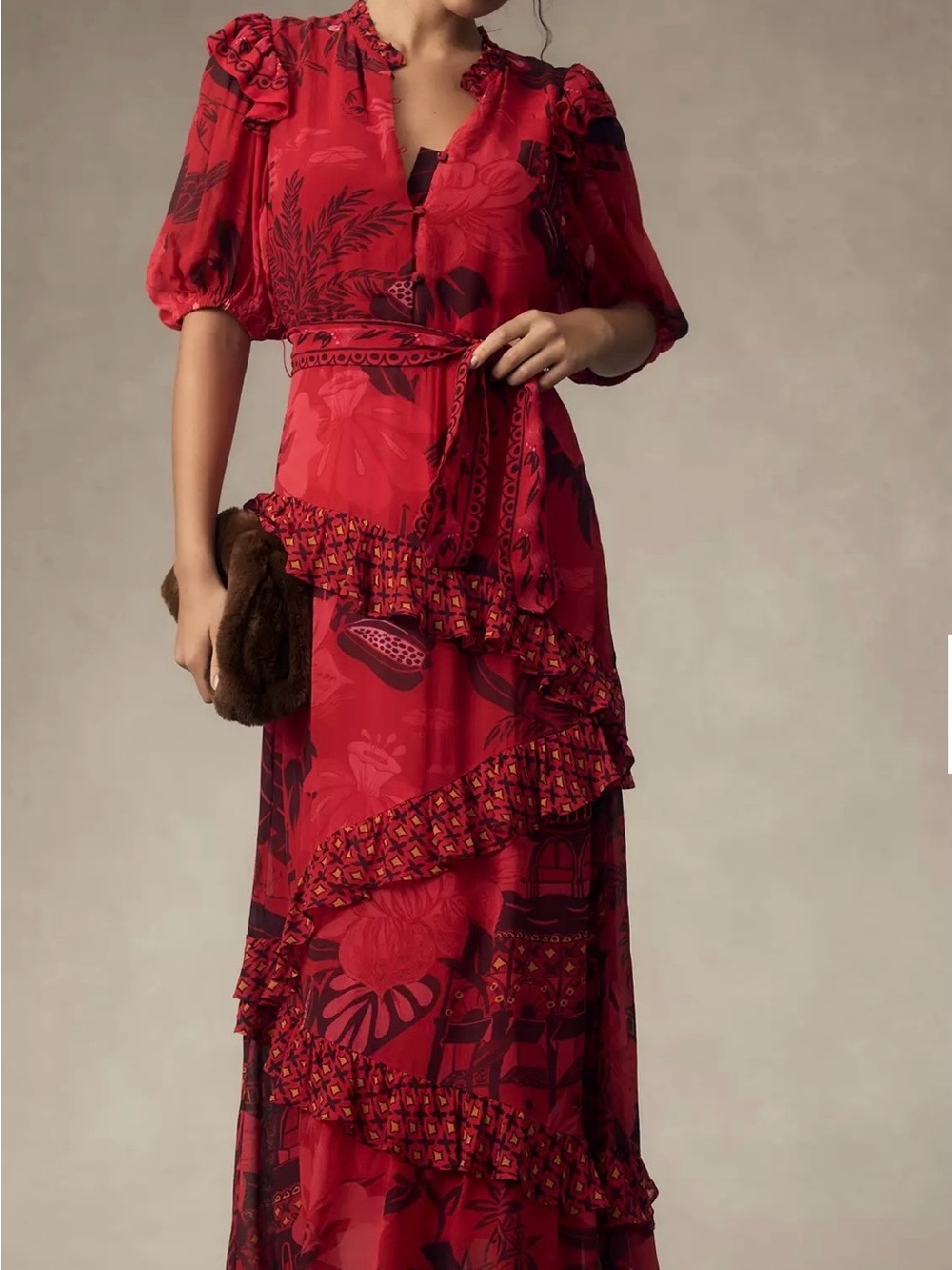 Farm Rio Red Floral Ruffle Maxi Dress with Self-Tie Waist